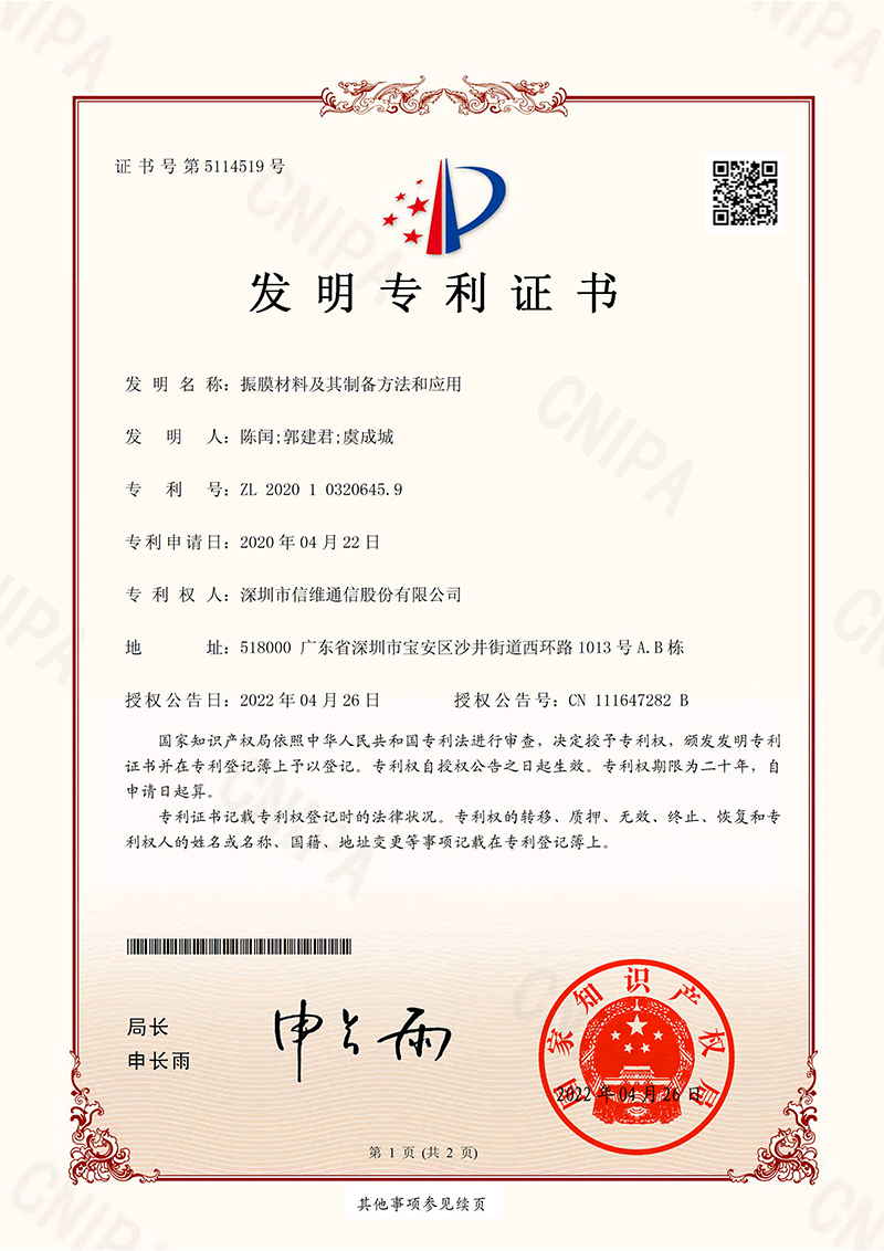 振膜材料及其制备方法和应用--发明专利证书